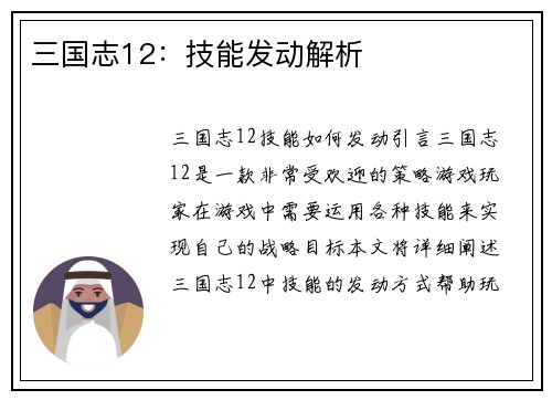 三国志12：技能发动解析